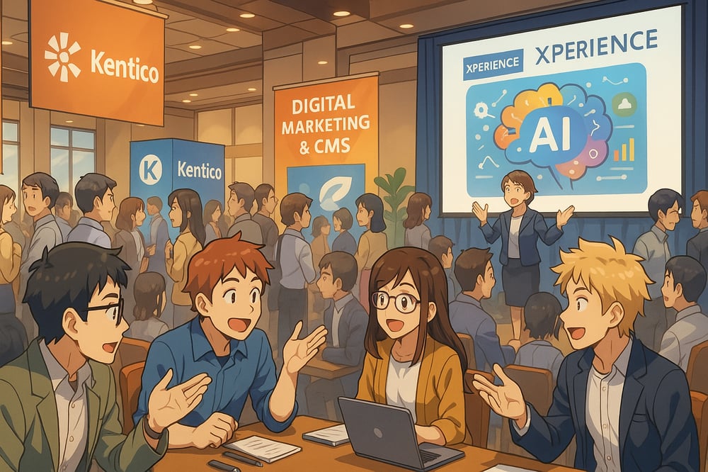 The image depicts a bustling conference hall filled with attendees engaged in discussions and networking Bright banners featuring the Kentico logo and promotional materials are displayed prominently around the venue In the foreground a group of profe-2