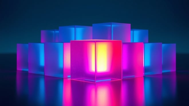 Abstract 3D render of translucent glass cubes with one glowing warm among cool blue copies