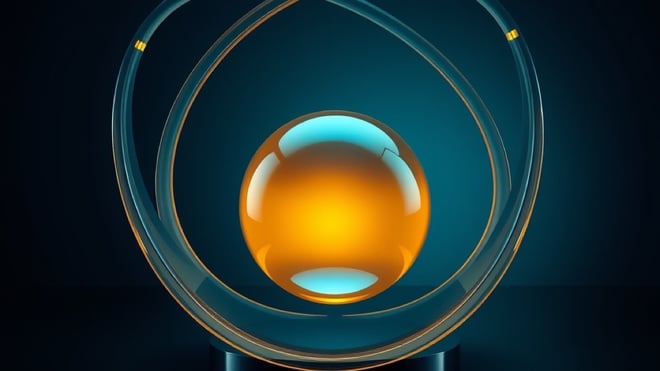 Abstract 3D render of a glowing amber sphere cradled and supported by curved translucent glass arcs