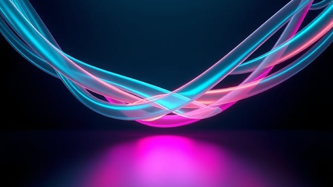 Abstract 3D render of glowing glass ribbons braiding together into a single strand