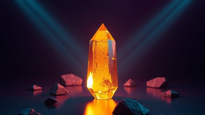 Abstract 3D render of a single glowing amber crystal picked out by beams of light while dull unlit stones sit in shadow