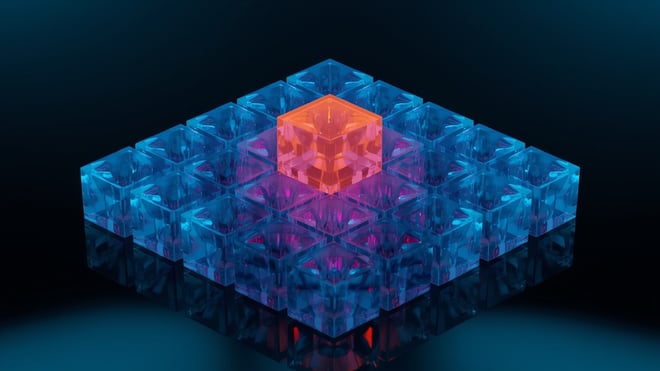 Abstract 3D render of an ordered grid of blue glass cubes with one glowing orange at the centre