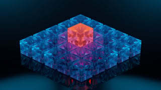 Abstract 3D render of an ordered grid of blue glass cubes with one glowing orange at the centre