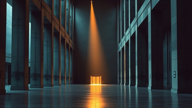 Photograph of a brutalist concrete atrium with a shaft of warm light falling across a polished floor