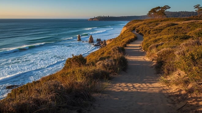 A sandy coastal walking path winding along Sydney sandstone cliffs at golden hour, with surf and a distant headland