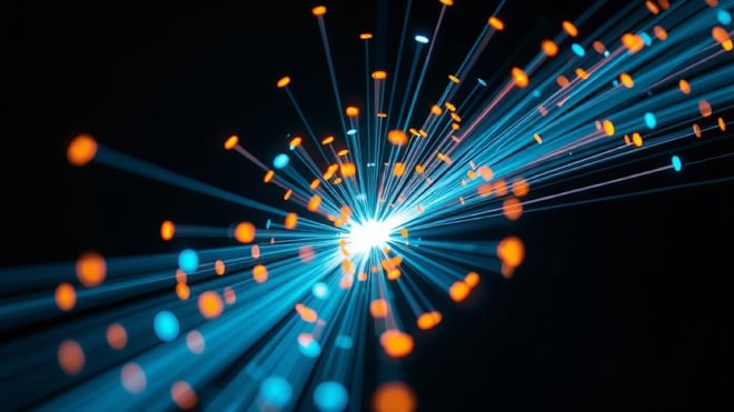 Hundreds of glowing fibre optic strands converging into a single bright point
