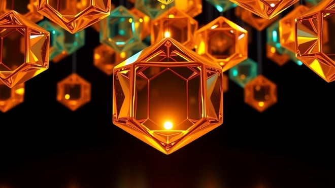 Translucent amber and teal glass hexagons connected by threads of light, one glowing brighter than the rest