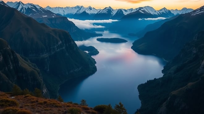 Aerial view of a New Zealand fiord at dawn with snow-capped mountains and low cloud