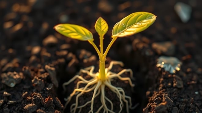 Young seedling with its root network exposed in dark soil, lit by warm light