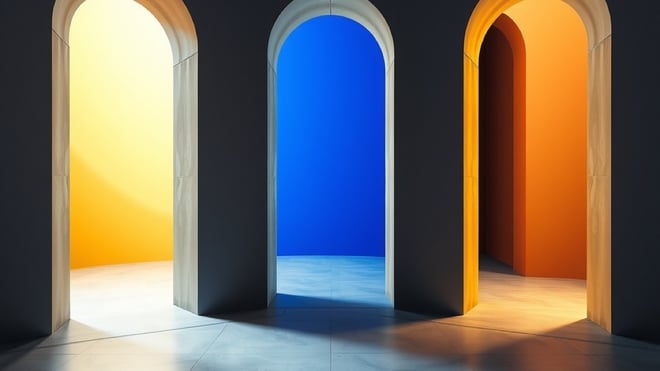 Three arched doorways in a concrete wall, each opening onto a differently lit interior