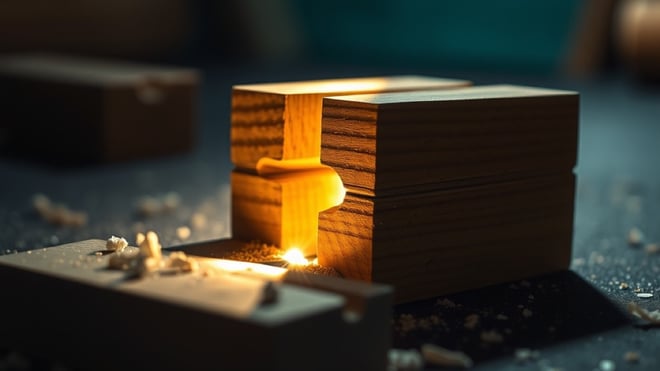 Macro photograph of a precisely hand-cut timber mortise and tenon joint fitting together in warm golden light