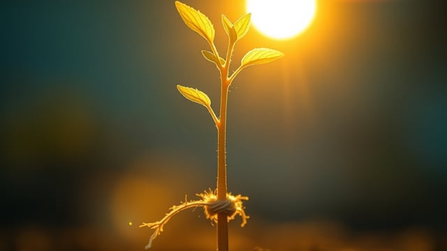 Macro photograph of a young plant tied to a wooden stake, backlit by warm golden sunlight