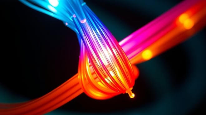 Macro photograph of three bundles of fibre optic filaments in blue, magenta and amber braided into one