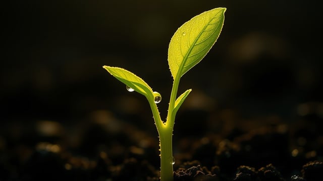 Macro photograph of a green seedling emerging from dark soil, backlit by warm golden light