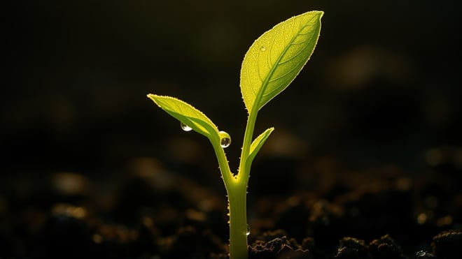 Macro photograph of a green seedling emerging from dark soil, backlit by warm golden light