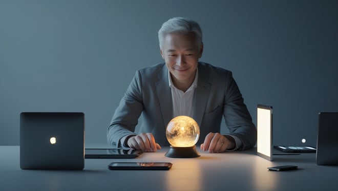 Business dude looking into glowing Crystal Ball