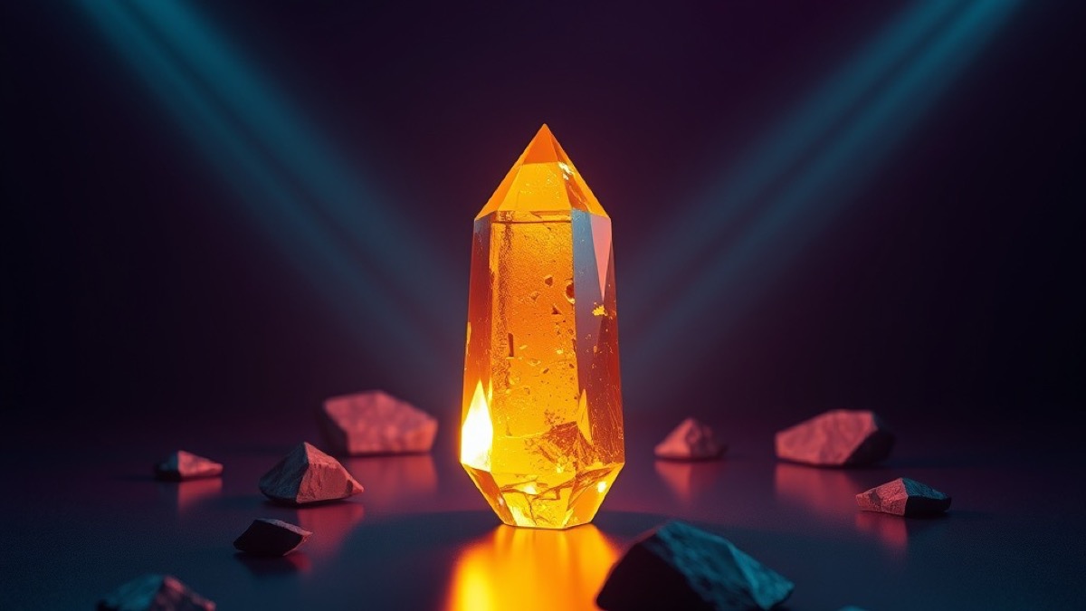 Abstract 3D render of a single glowing amber crystal picked out by beams of light while dull unlit stones sit in shadow