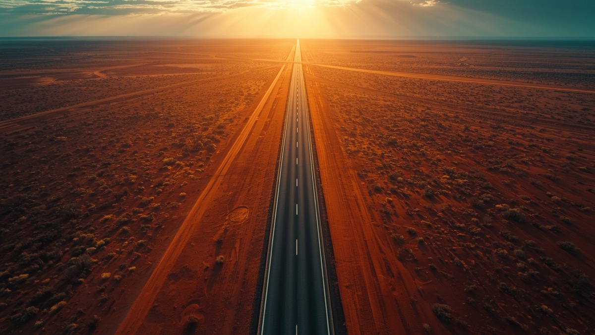 Aerial view of a straight highway running to the horizon across the red Australian outback at golden hour